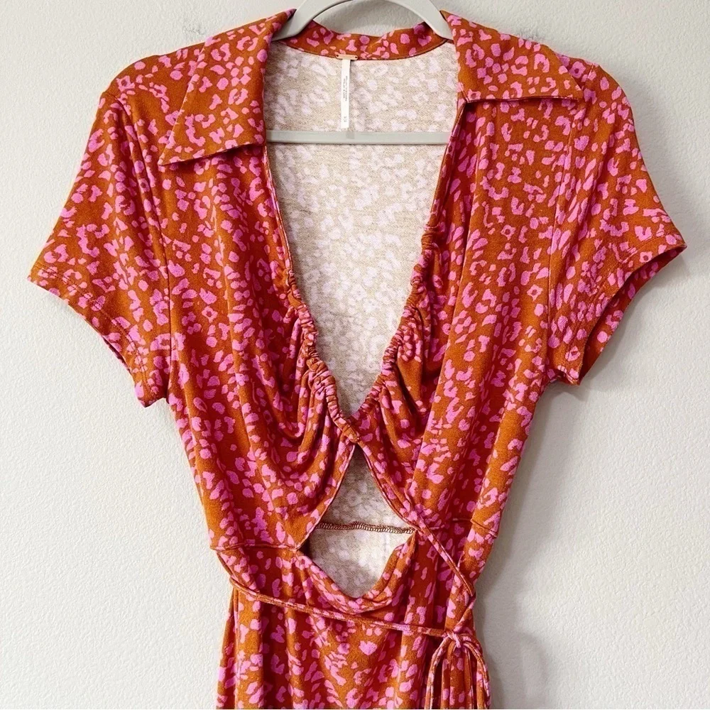 Free People Size Medium Pink Marsaille Mini Dress Leopard Print Wrap Front Tie